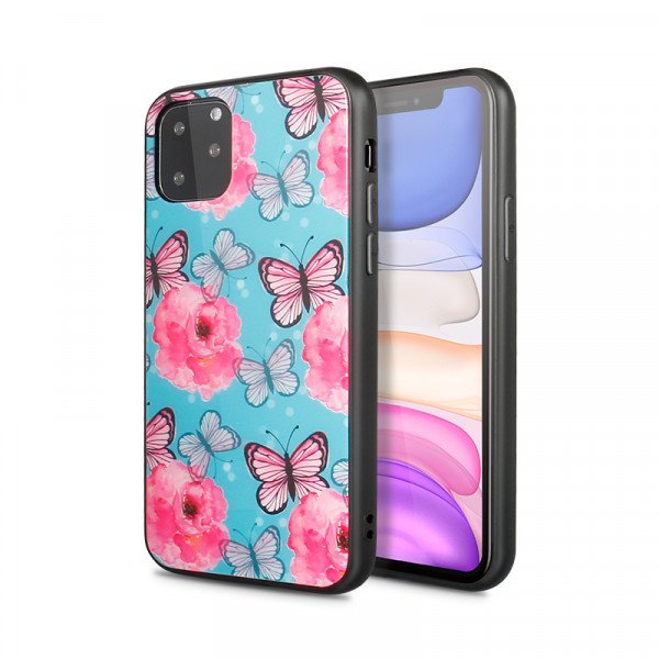 Wholesale iPhone 11 (6.1in) Design Tempered Glass Hybrid Case (Butterfly Flower)